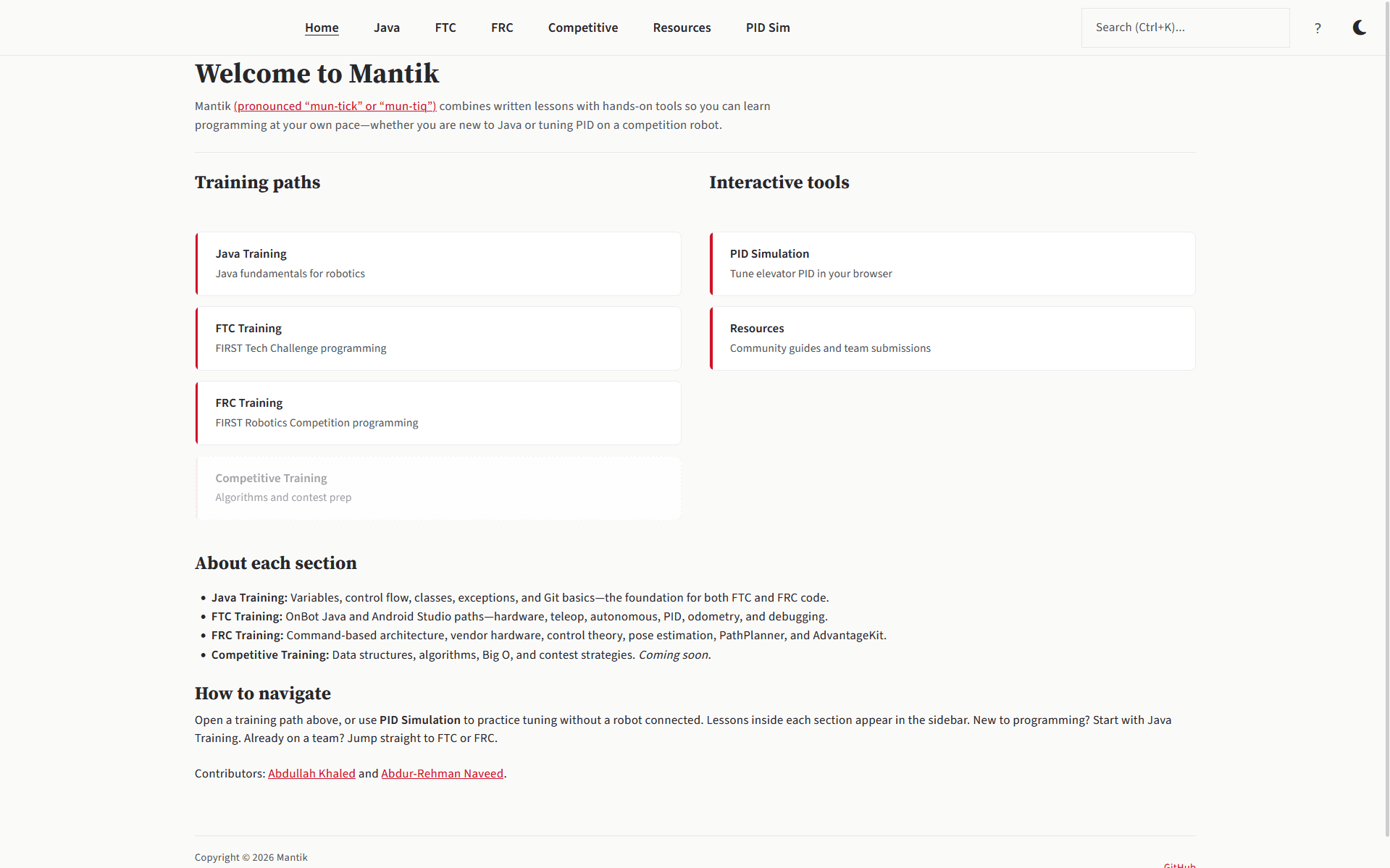 The Mantik home page showing Java, FTC, and FRC training paths alongside interactive tools at mantik.netlify.app
