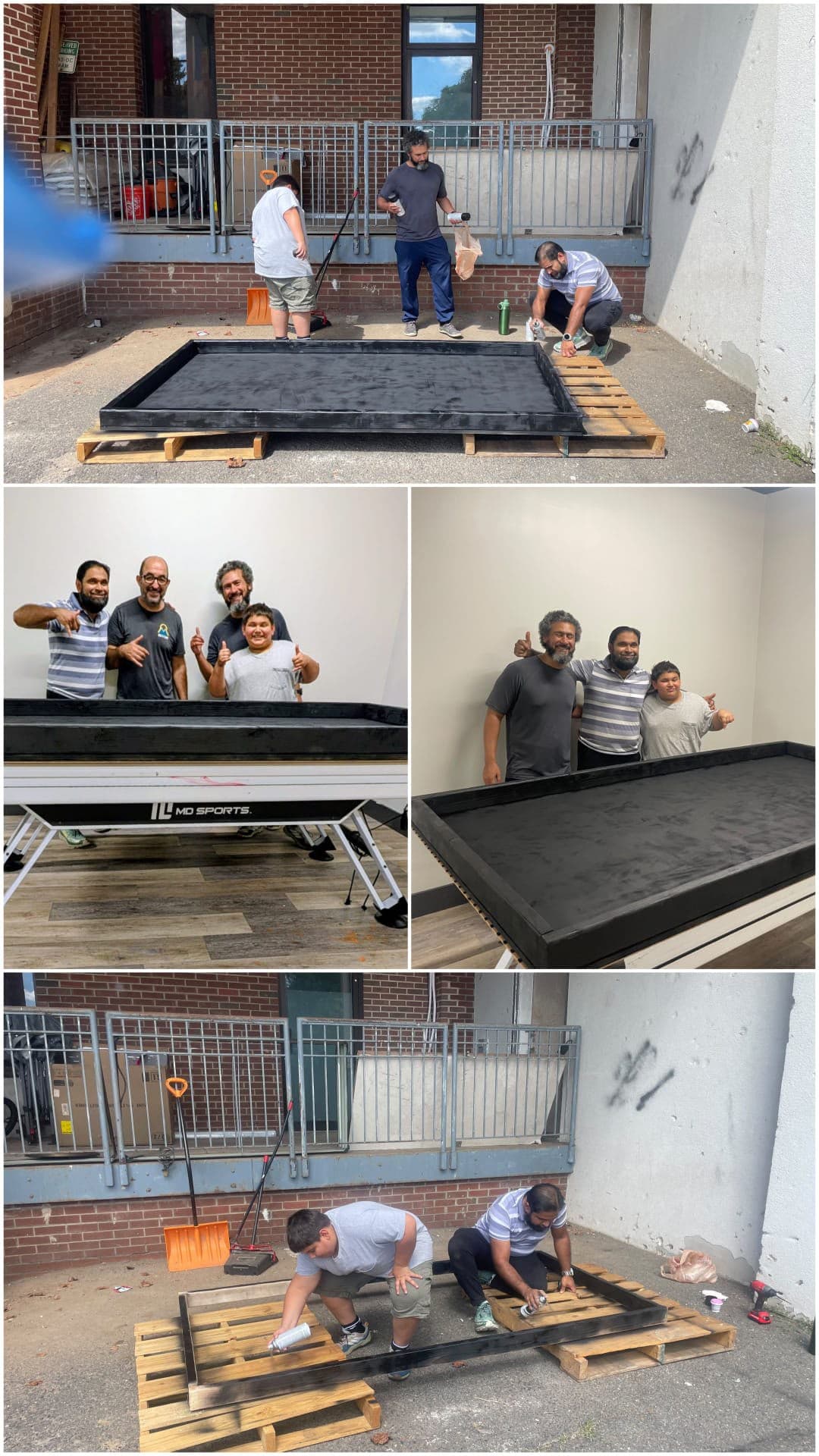 Four photos of ITKAN-MAS DC parents and a student building an FLL competition table: spray-painting the wooden frame on pallets outside the chapter, and standing with the finished table indoors