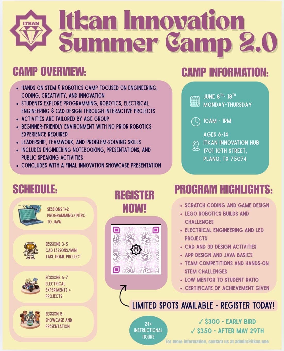 ITKAN Innovation Summer Camp 2.0 flyer, June 8–18, ages 6–14, ITKAN Innovation Hub, Plano TX