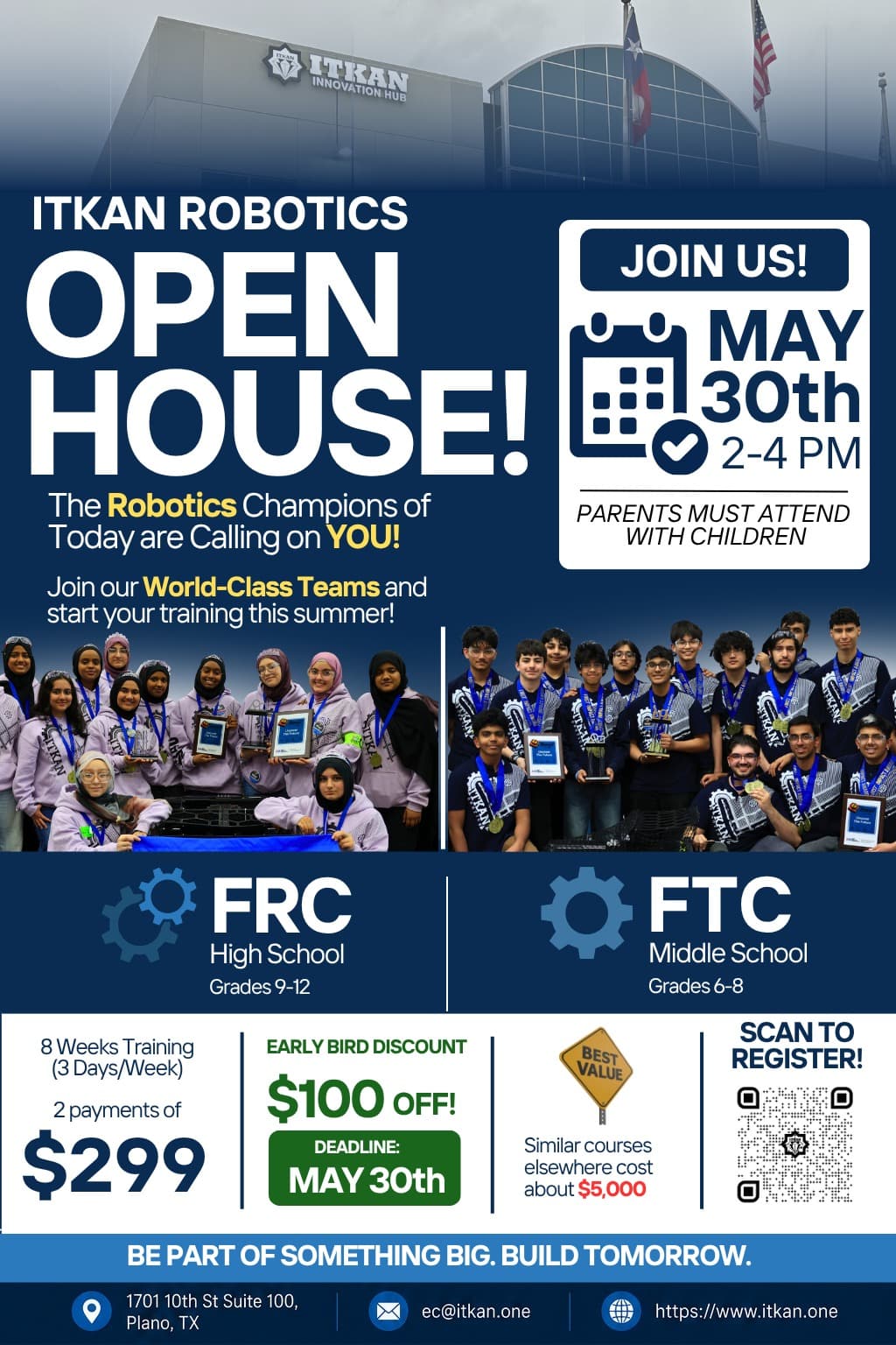 ITKAN Robotics Open House flyer — May 30th, 2–4 PM, ITKAN Innovation Hub, Plano TX
